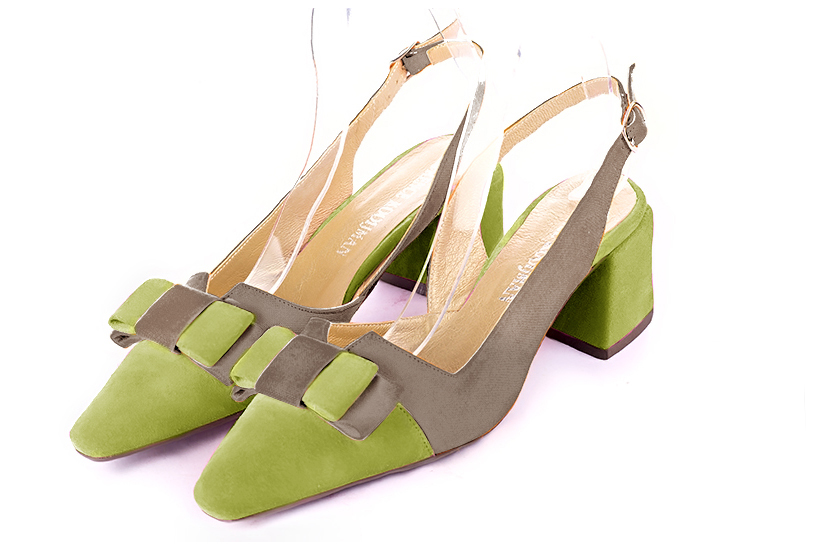 Pistachio green and taupe brown women's open back shoes, with a knot. Tapered toe. Medium block heels. Front view - Florence KOOIJMAN